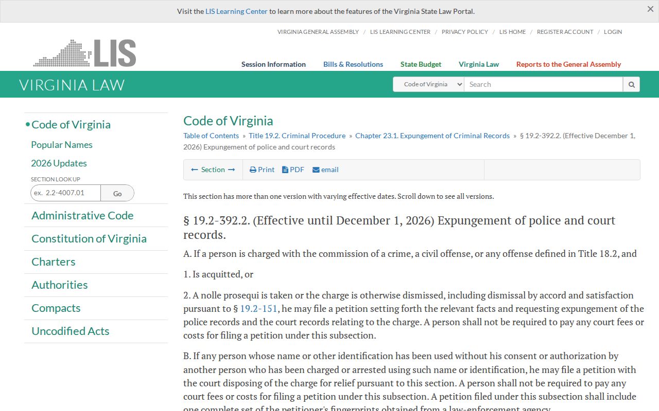 Virginia expungement law for Gloucester County criminal records