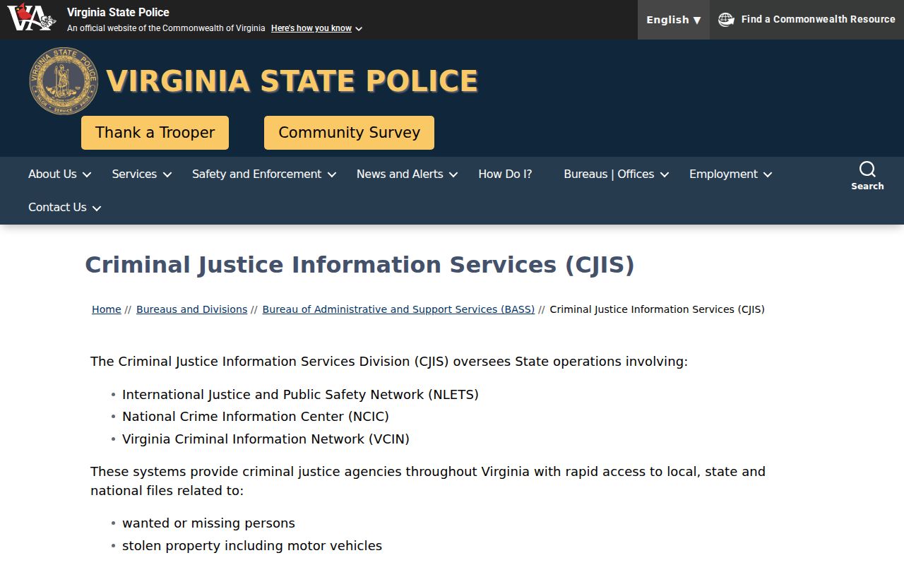 Virginia CJIS record units serving Gloucester County criminal history