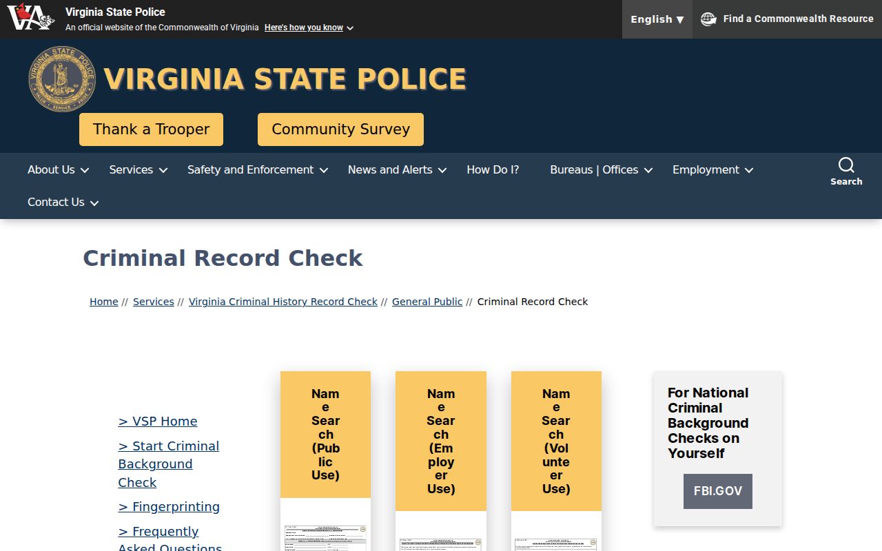 VSP SP-167 selector for Gloucester County criminal history requests