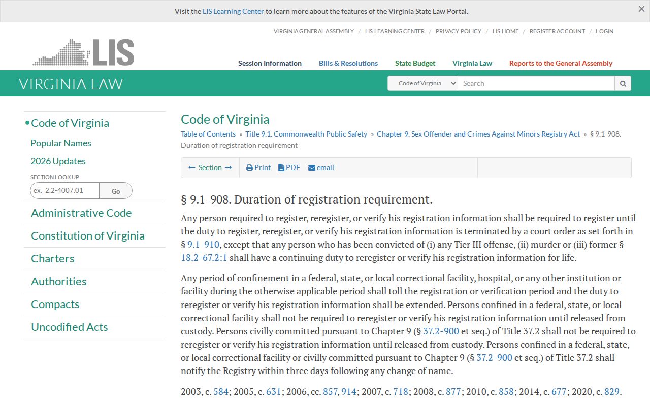 Virginia registry duration statute used in a Gloucester County sex offender search